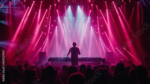 DJ on stage with mixing equipment  purple and red lights flashing from behind  audience in the foreground