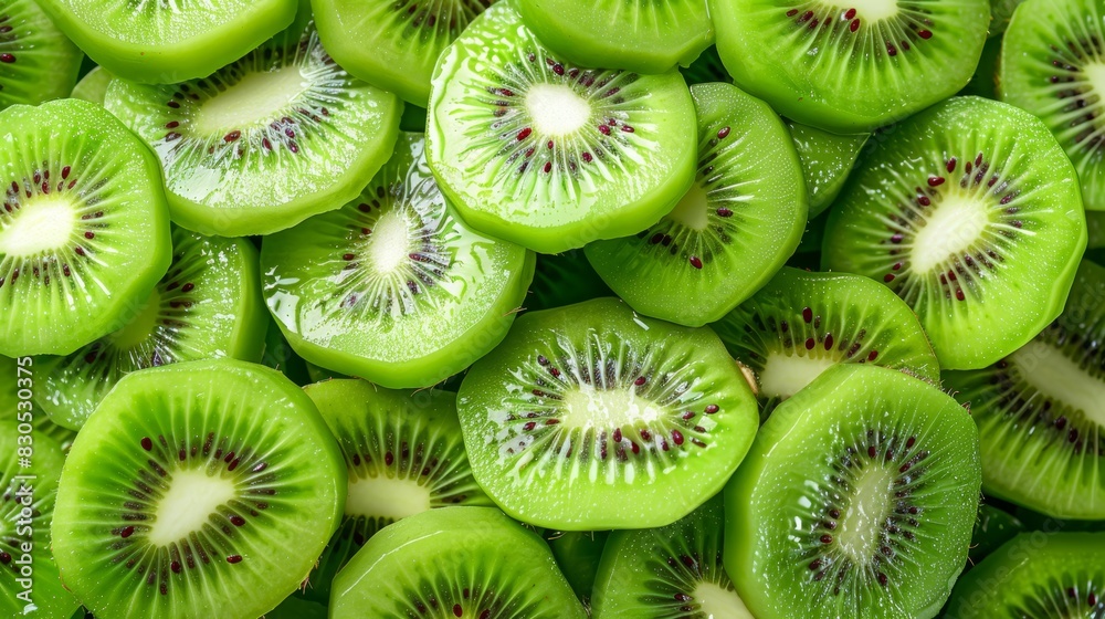 Piles of sliced and whole kiwis arranged next to each other Piles of sliced and whole kiwis arranged next to each other