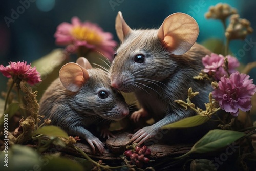 Two mouse embrace each other in a heartwarming hug  surrounded by a blend of natural elements