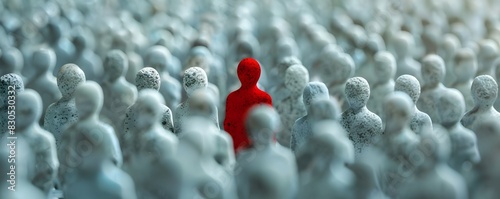 Unique Red Figure Amid Uniform Gray Shapes Symbolizing Individuality and Nonconformity