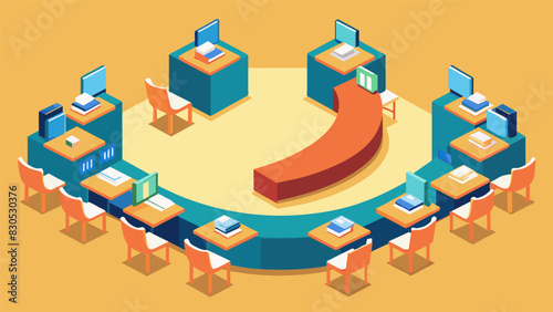 Desks arranged in a Ushape formation creating a classroom stage for engaging class presentations and discussions.. Vector illustration photo