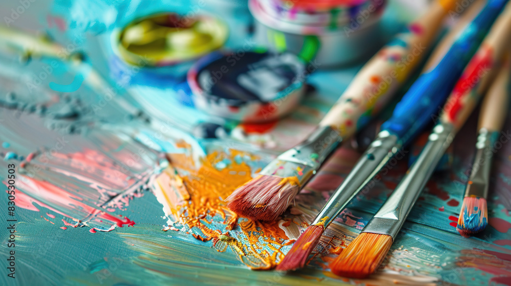 Colorful palette paints and brushes Colorful palette paints and brushes