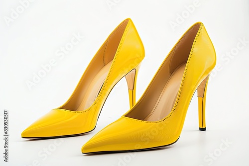 Pair of yellow high heeled shoes on white background