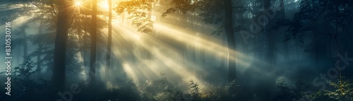 Misty Forest Sunbeams Casting a Mystical Glow on the Serene Woodland Landscape