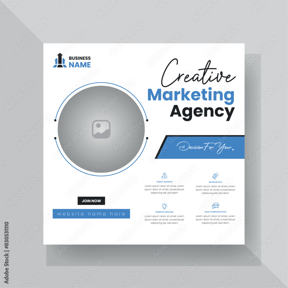 Modern Digital Marketing Agency Social Media Post For Business. Abstract Advertisement Square Web Post for Company Promotion with Blue and Black Color Accent.