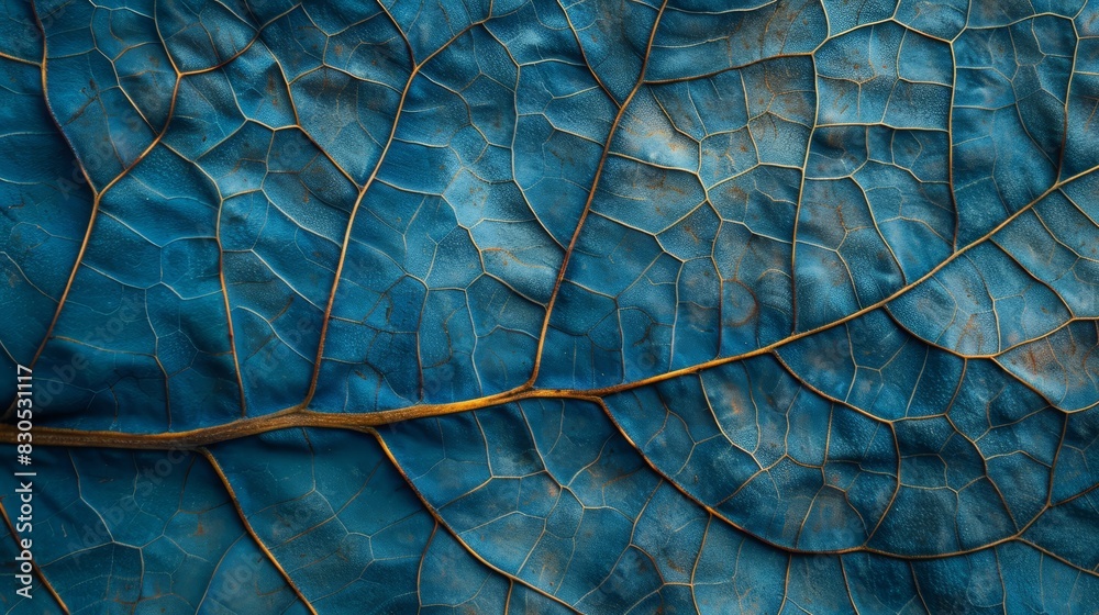 A tight shot of a leaf's intricate blue and gold vein structure, visible on its surface The pattern resembles the imminent signs of autumn, yet the plant remains A tight shot of a leaf's intricate blue and gold vein structure, visible on its surface The pattern resembles the imminent signs of autumn, yet the plant remains