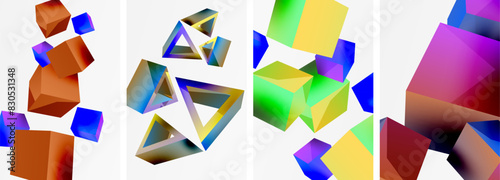 Flying 3d shapes, cubes and other geometric elements background design for wallpaper, business card, cover, poster, banner, brochure, header, website