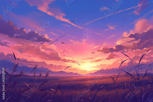 夕暮れの旋律：風に揺れる草原の詩 photo
