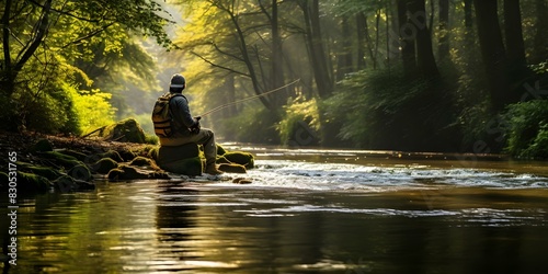 Man fishing in river surrounded by woods enjoying his hobby. Concept Fishing  River  Woods  Hobby  Outdoor