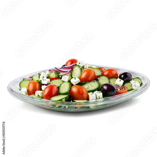 Greek salad with fresh tomatoes cucumbers red onions Kalamata olives and feta cheese drizzled with