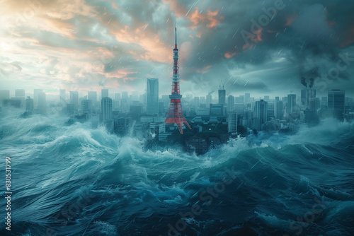 津波に呑み込まれる東京の街「AI生成画像」