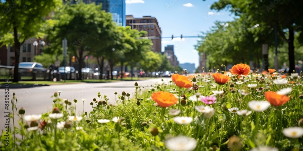 Urban Biodiversity Displayed in City Center's Lush Green Space with Vibrant Wildflowers. Concept Urban Biodiversity, City Center, Lush Green Space, Vibrant Wildflowers