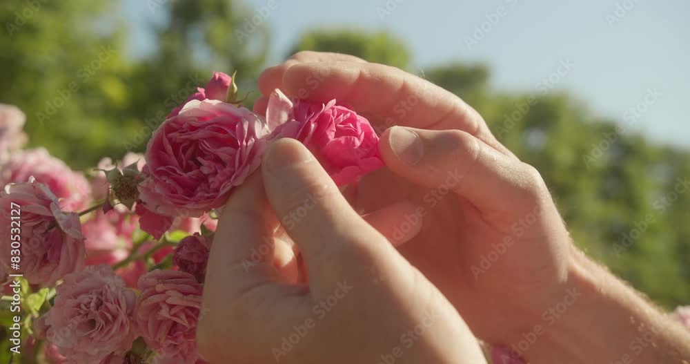 Hands gently handling pink roses in a sunny garden Hands gently handling pink roses in a sunny garden