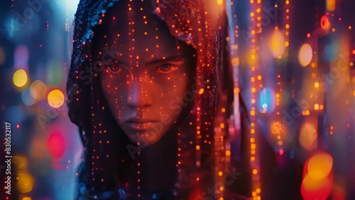 A mysterious woman in a hooded jacket stands in a cyberpunk city, her face glowing with digital code. photo