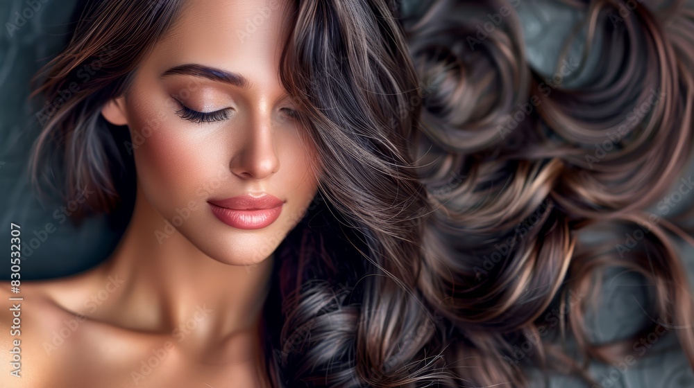 A close-up of a woman's face with eyes closed and hair blowing in the wind A close-up of a woman's face with eyes closed and hair blowing in the wind