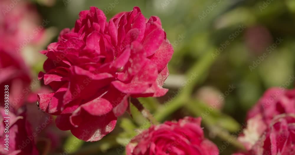 Vibrant red roses in full bloom with soft green background in daylight Vibrant red roses in full bloom with soft green background in daylight