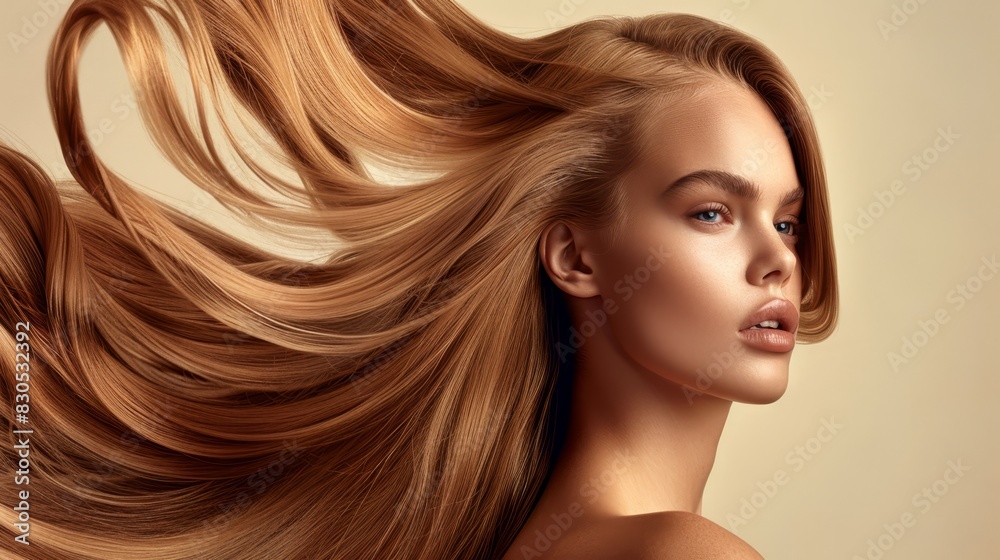 A tight shot of a woman's face with long, radiant blond locks in the foreground against a soft, neutral backdrop A tight shot of a woman's face with long, radiant blond locks in the foreground against a soft, neutral backdrop