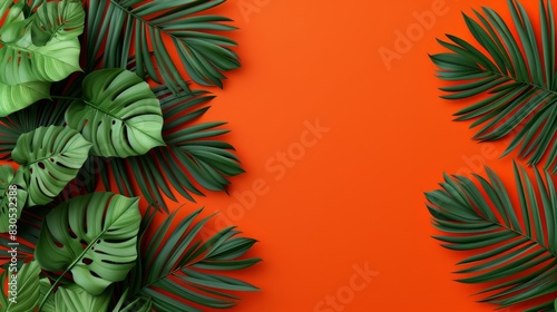  A collection of green tropical leaves against an orange backdrop Include an area for text or an image  positioned to the left side of the image