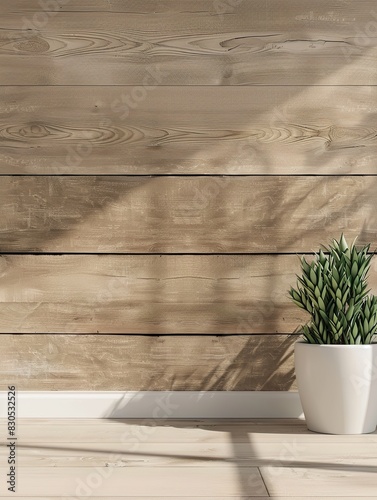 Wooden Wall with Potted Plant and Shadows.