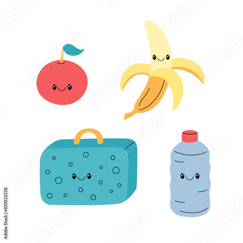 School lunch box and food characters vector illustration. Snack, fruits and water bottle in cute funny doodle style