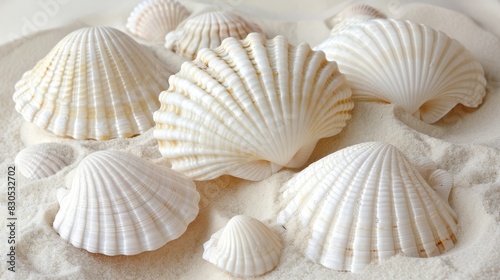  A collection of seashells on the beach, some with a white cap atop the sand, others purely white photo