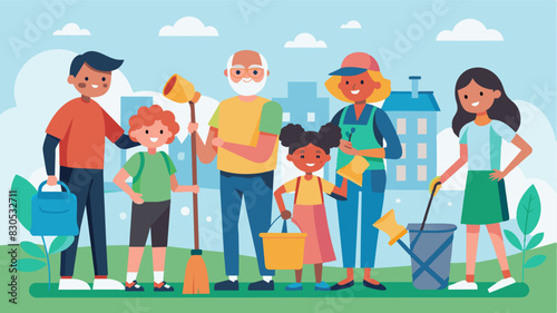 Neighbors of all ages joining forces showing that even the tiniest acts of cleaning can make a big impact on the overall appearance of the community.. Vector illustration