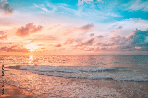 Closeup sea sand beach. Panoramic beach landscape. Inspire tropical beach seascape horizon. Orange and golden sunset sky calmness tranquil relaxing sunlight summer mood. Vacation travel holiday banner © Alina