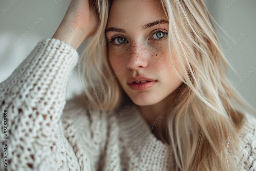 Obraz premium Beauty girl in sweater. Model young woman with blonde hair with freckles close up portrait.