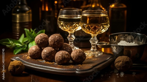 Luxury chocolate truffles adorn rustic wooden table photo