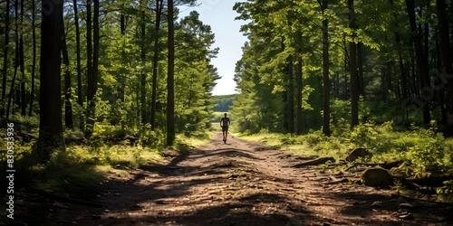 Running through the sunny forest: A young man's summer journey. Concept Summer, Journey, Young Man, Sunny Forest, Adventure