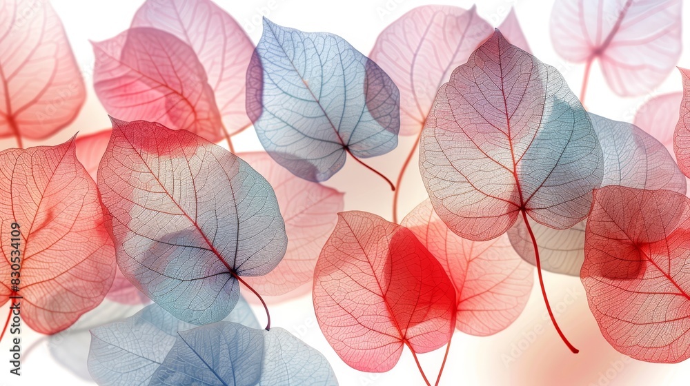 A white background hosts a collection of red, blue, and green leaves Blurred representations of these leaves flank the image on both sides A white background hosts a collection of red, blue, and green leaves Blurred representations of these leaves flank the image on both sides