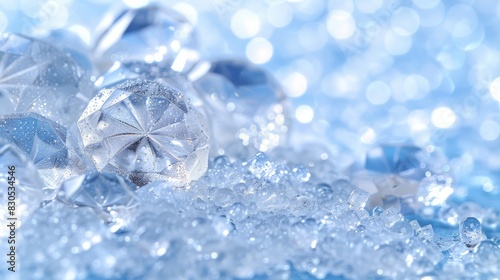  A tight shot of crystal balls in a blue-white setting, with water droplets at the base and bottoms of the spheres