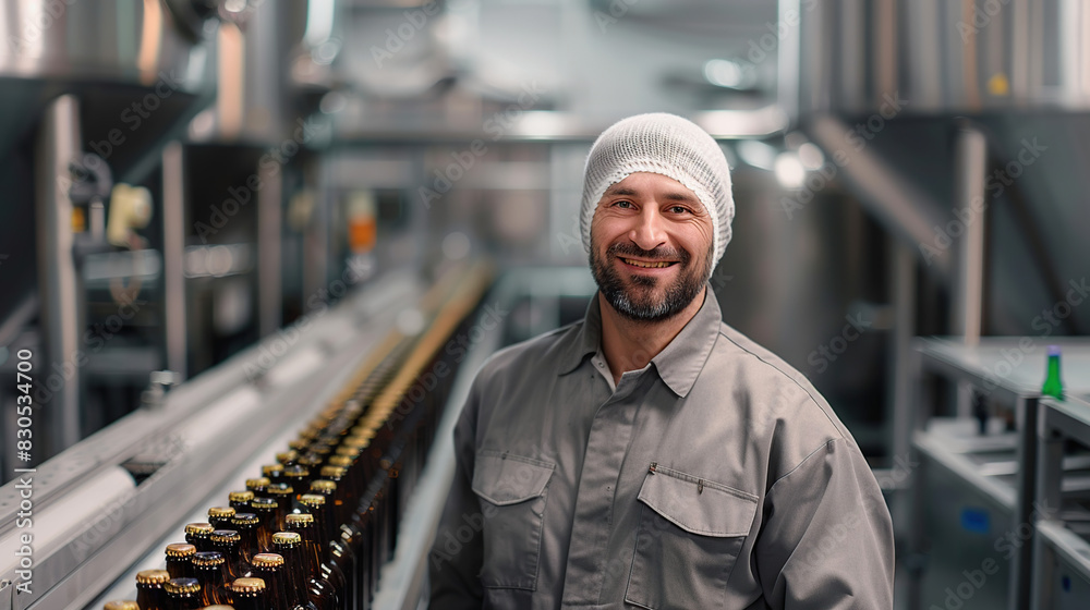 A cheerful worker in gray overalls and a hairnet stands in the lobby of the modern brewery A cheerful worker in gray overalls and a hairnet stands in the lobby of the modern brewery