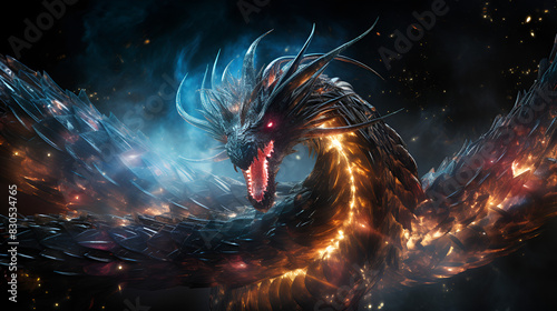 A fearsome dragon breathing fire from its mouth, displaying its power and intensity. photo