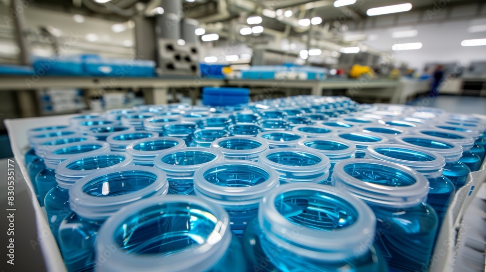 A conveyor belt laden with numerous blue and white plastic containers, each holding blue and white plastic containers A conveyor belt laden with numerous blue and white plastic containers, each holding blue and white plastic containers