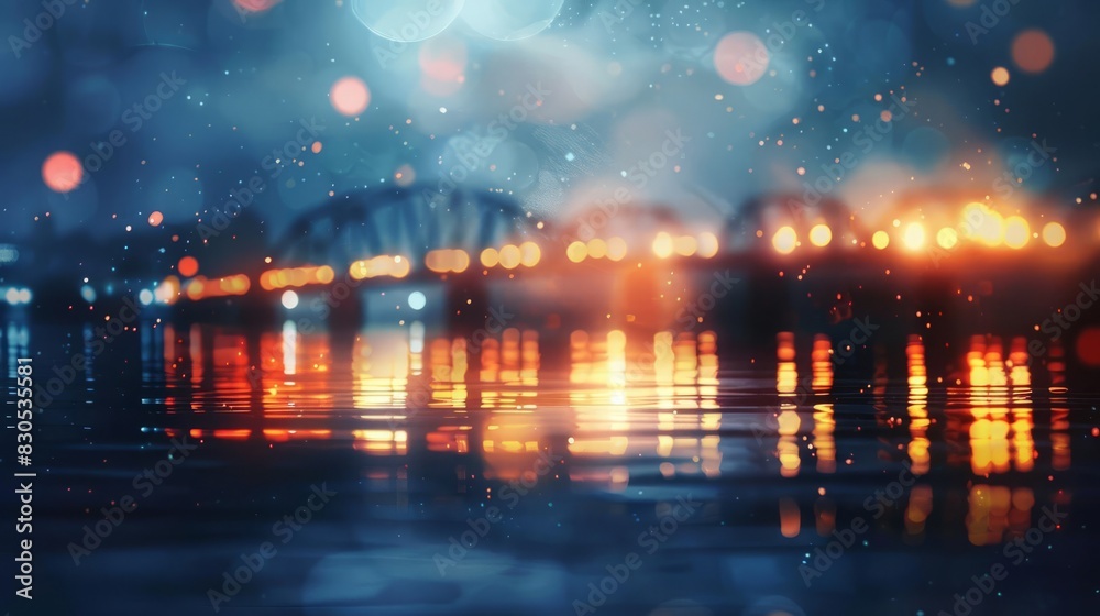 Fototapeta premium Close-up of a nighttime cityscape with reflections; double exposure; focus on; copy space, silhouette with bridge