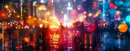 Night cityscape with colorful lights close up, focus on, copy space, Double exposure silhouette with landmarks
