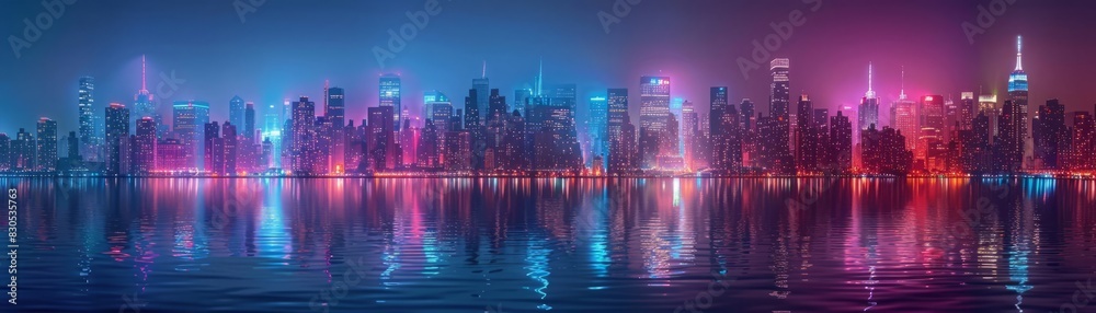 Serene night cityscape vibe close up, focus on, copy space, Double exposure silhouette with a waterfront