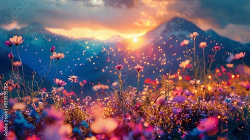 Magnificent mountain sunrise vista in close-up  highlighted by double exposure  copy space  and including wildflowers in the silhouette.