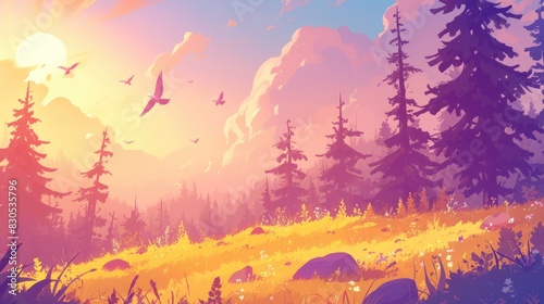 Illustration of a serene sunrise scene in a lush meadow with pine trees rocks and birds flying under a pink sky capturing the essence of early morning cartoons Perfect for a summer or spring