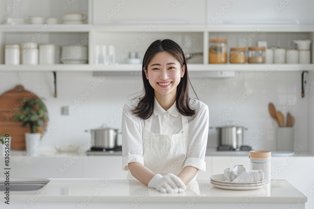 A young Japanese woman cleaning the kitchen counter in a white minimalist modern home interior, smiling and looking at the camera with copy space on the right side. In the style of a Japanese house A young Japanese woman cleaning the kitchen counter in a white minimalist modern home interior, smiling and looking at the camera with copy space on the right side. In the style of a Japanese house