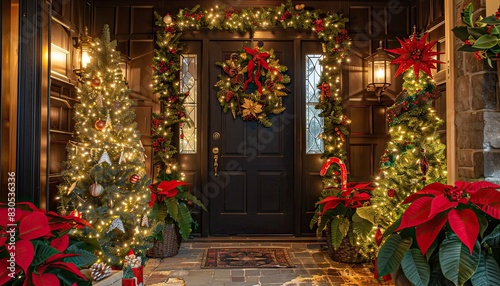 Seasonal decor with Christmas trees on each side of the door