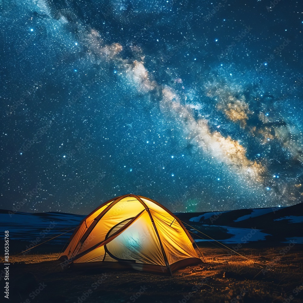 Illuminated tent under a starry sky