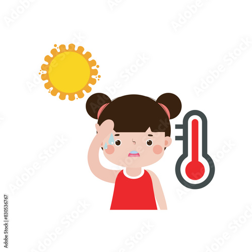 kid with summer Heatstroke, cute cartoon character flat style vector illustration on white background