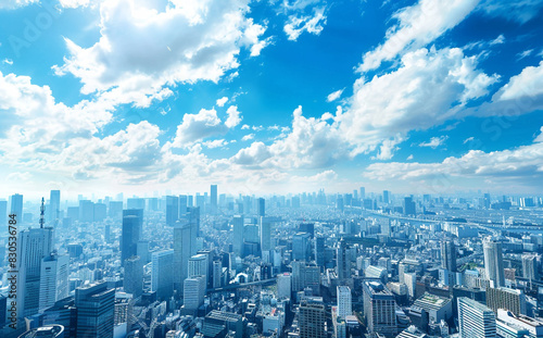 Photo of Japan  Tokyo skyline view from above with blue sky and white clouds  cityscape view of skyscrapers buildings on modern urban background  aerial view  high resolution photography 