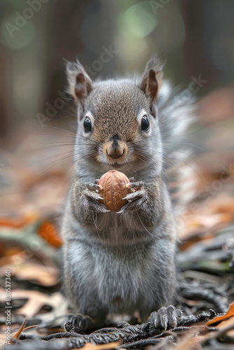 A baby squirrel holding a nut in its paws, looking curious