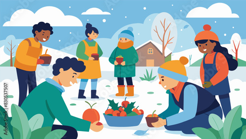 Despite the chilly weather students eagerly gather in the garden to plant winter vegetables and learn how to properly protect and care for plants during the colder months.. Vector illustration