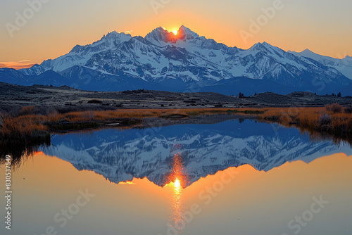 Sunset casts a warm glow over mountains and their reflection in a calm lake
