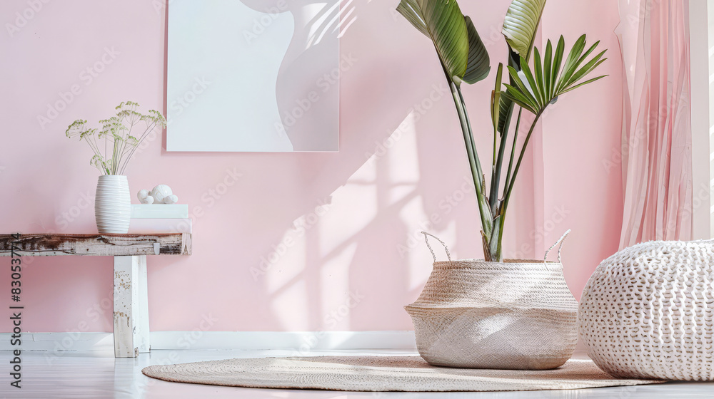 Beautiful interior design composition in minimalist fashion with pink tones, minimal furniture and copyspace for text. Beautiful interior design composition in minimalist fashion with pink tones, minimal furniture and copyspace for text.