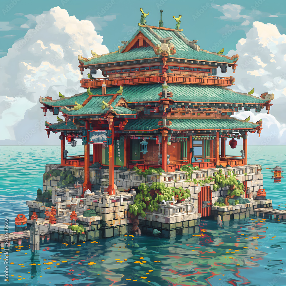 Obraz premium Traditional Chinese temple architecture with a red pagoda roof, perfect for travel photos showcasing Asian religious culture